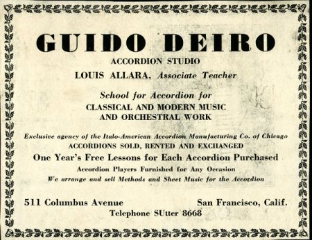 Advertisement for Guido Deiro Accordion Studio at 511 Columbus Avenue, San Francisco.